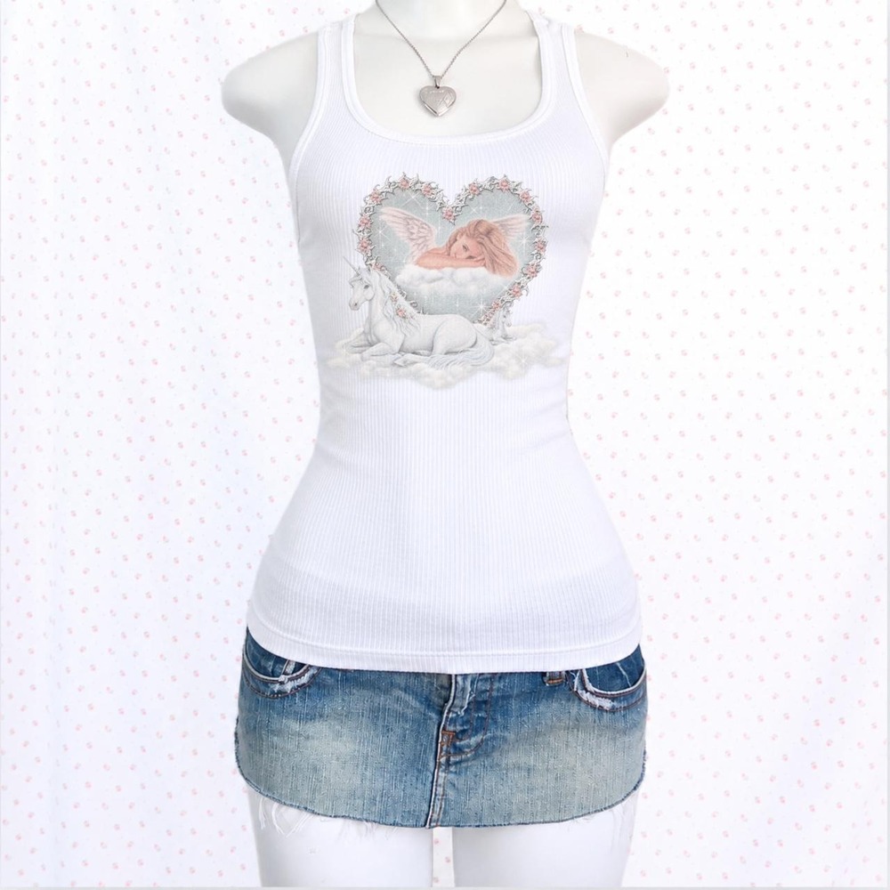 y2k angel girl unicorn heart graphic white ribbed tank top